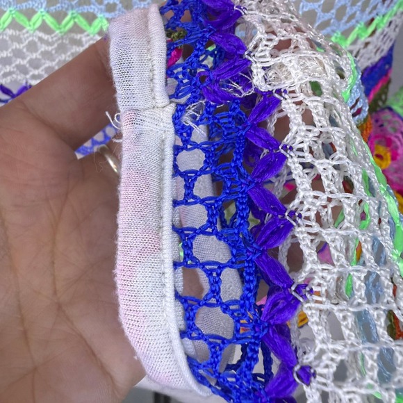 Crochet Rainbow Striped Mesh Long Sleeve Top Women's Multi Color Sheer Festival - Picture 6 of 8